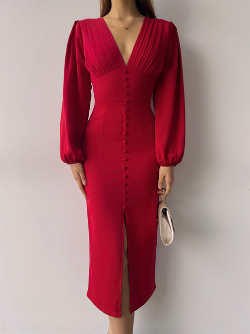 V Yaka Önden Yırtmaçlı Uzun Kol Berry Kadın Kırmızı Elbise 23K000361