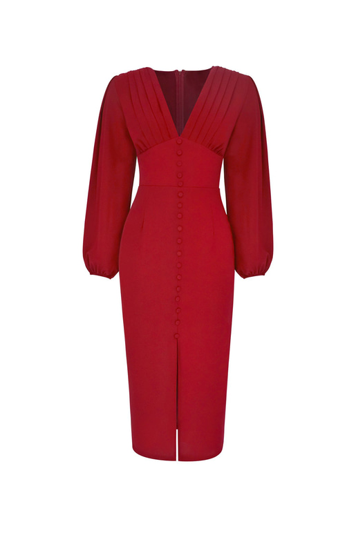 V Yaka Önden Yırtmaçlı Uzun Kol Berry Kadın Kırmızı Elbise 23K000361