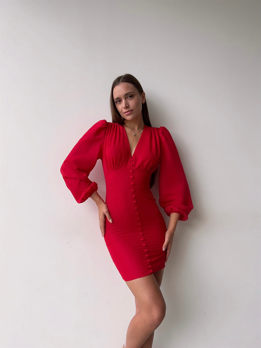 V Yaka Önü Düğme Detaylı Balon Kol Aron Kadın Kırmızı Mini Elbise 23K000169