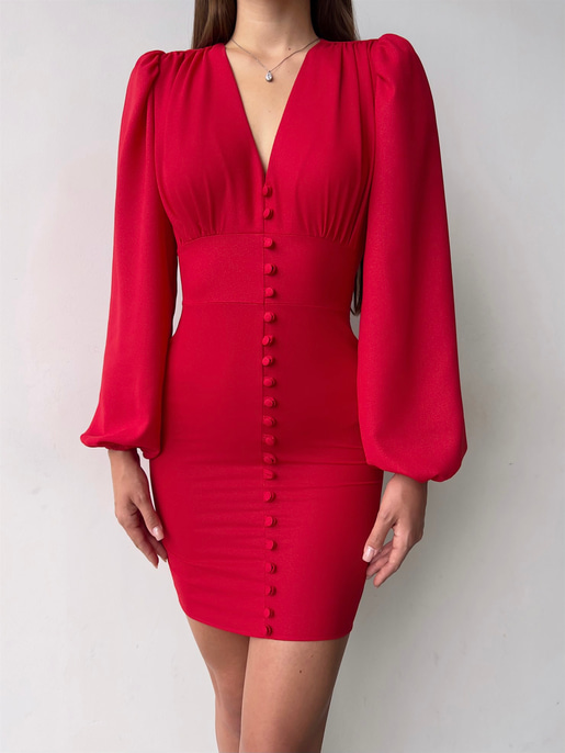 V Yaka Önü Düğme Detaylı Balon Kol Aron Kadın Kırmızı Mini Elbise 23K000169