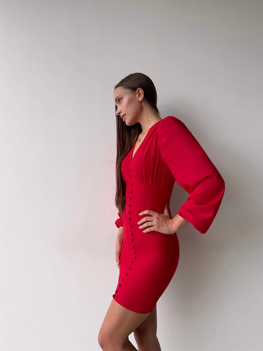 V Yaka Önü Düğme Detaylı Balon Kol Aron Kadın Kırmızı Mini Elbise 23K000169