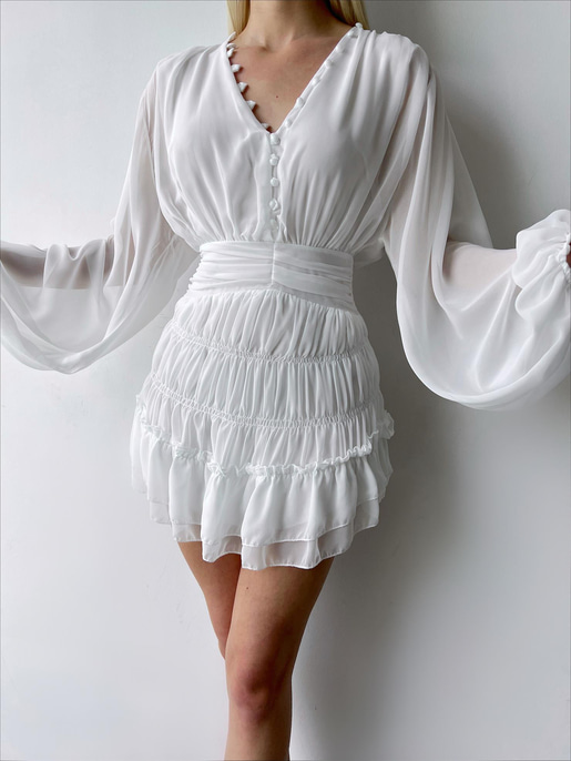 V Yaka Önü Düğmeli Belden Oturtmalı Ellae Kadın Beyaz Mini Elbise 23Y000267