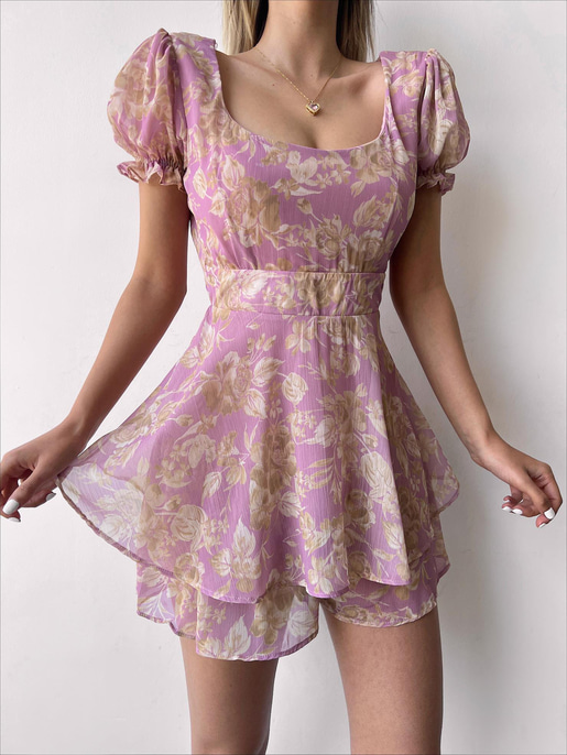 Volanlı Sırtı V Model Dekolteli Ve Kuşaklı Jolie Kadın Pembe Şort Tulum 22Y000209