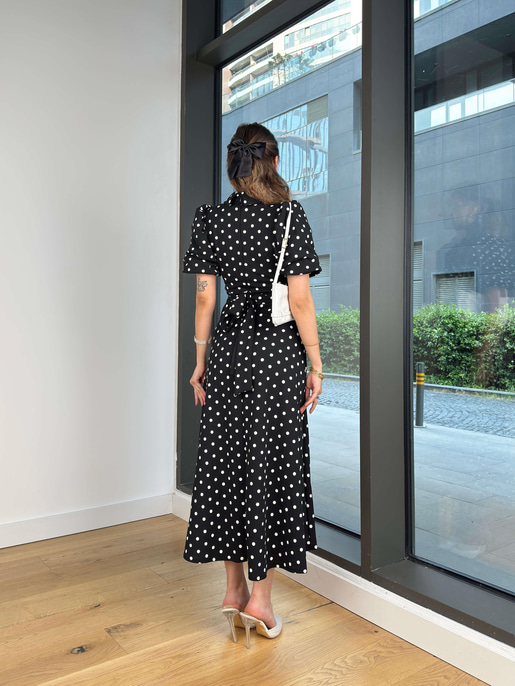 Yakalı Balon Kol Puantiyeli Sıton Siyah Kadın Elbise 25Y111