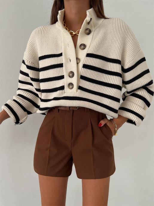 Yarım Balıkçı Düğmeli Triko Kadın  Ekru Kazak 24k000029