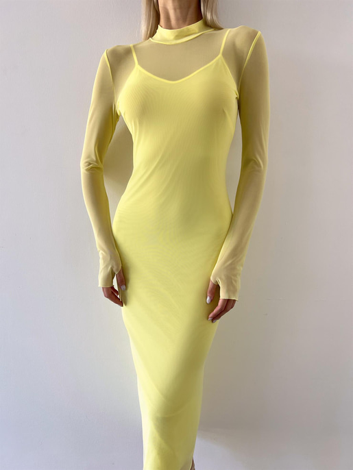 Yarım Balıkçı Yaka Uzun Tül Kol Palvan Kadın Sarı Midi Elbise 23Y000004
