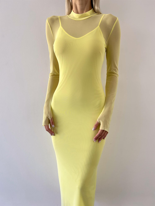 Yarım Balıkçı Yaka Uzun Tül Kol Palvan Kadın Sarı Midi Elbise 23Y000004