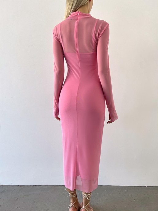 Yarım Balıkçı Yaka Uzun Tül Kol Palvan Kadın Pembe Midi Elbise 23Y000004