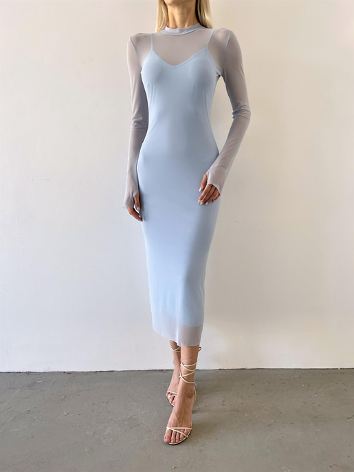 Yarım Balıkçı Yaka Uzun Tül Kol Palvan Kadın Mavi Midi Elbise 23Y000004