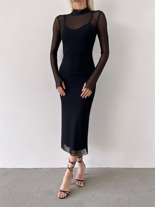 Yarım Balıkçı Yaka Uzun Tül Kol Palvan Kadın Siyah Midi Elbise 23Y000004