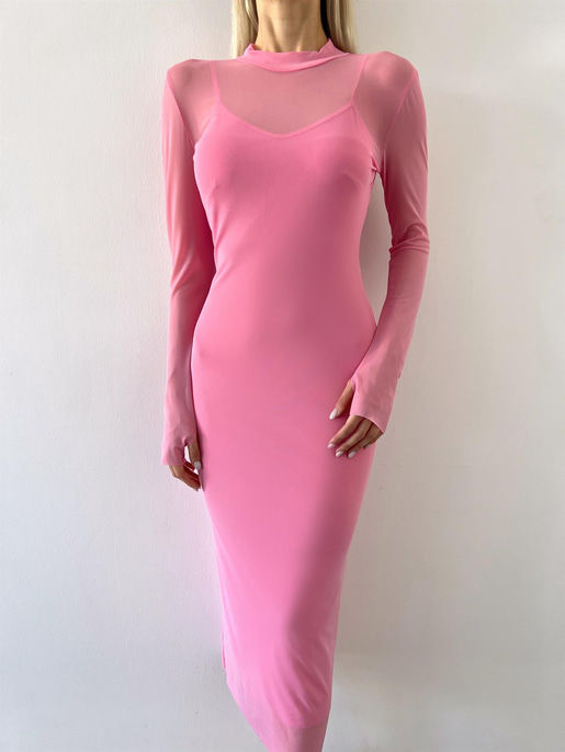 Yarım Balıkçı Yaka Uzun Tül Kol Palvan Kadın Pembe Midi Elbise 23Y000004