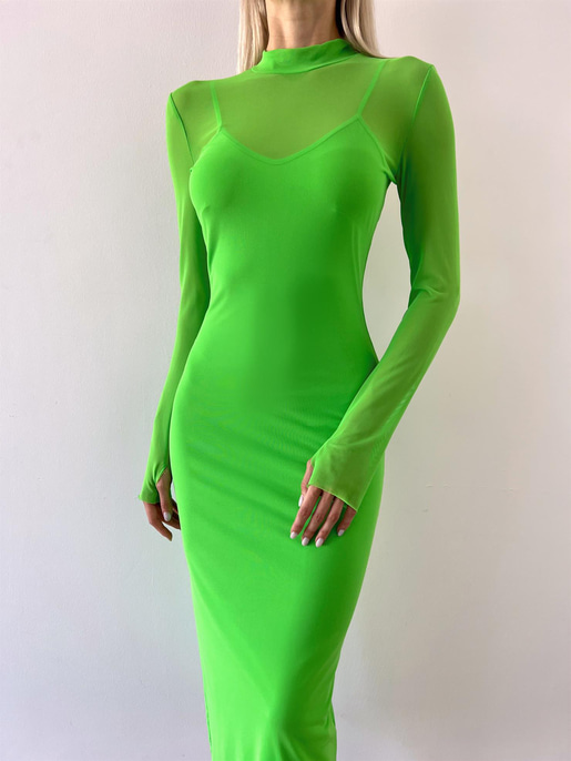 Yarım Balıkçı Yaka Uzun Tül Kol Palvan Kadın Fıstık Yeşili Midi Elbise 23Y000004