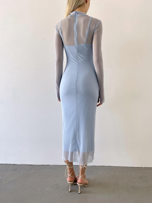 Yarım Balıkçı Yaka Uzun Tül Kol Palvan Kadın Mavi Midi Elbise 23Y000004