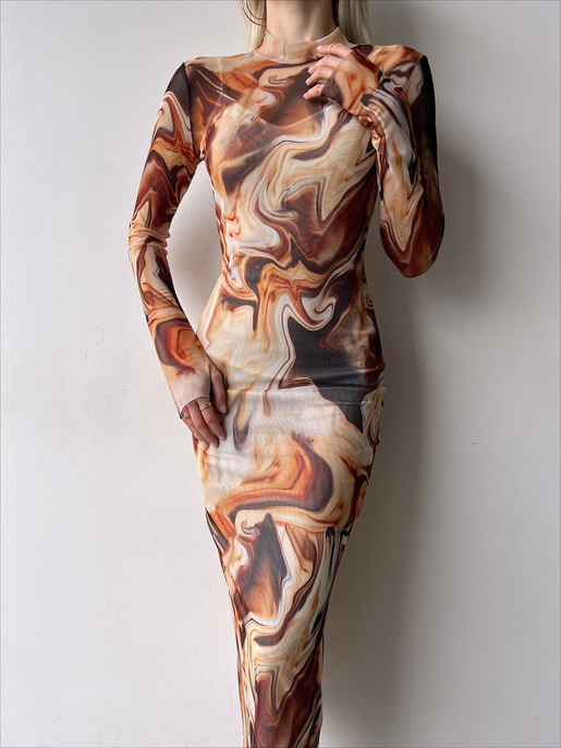 Yarım Balıkçı Yaka Uzun Tül Kol Palvan Kadın Renkli Midi Elbise 23Y000004