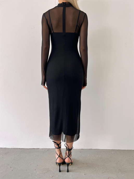 Yarım Balıkçı Yaka Uzun Tül Kol Palvan Kadın Siyah Midi Elbise 23Y000004