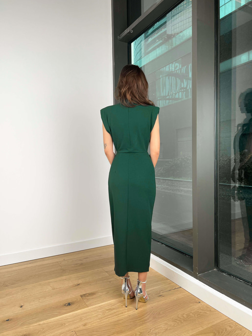 Yarım Boğazlı Drape Detaylı Kolsuz Norbert Kadın Zümrüt Beli Tokalı Krep Elbise 24k420