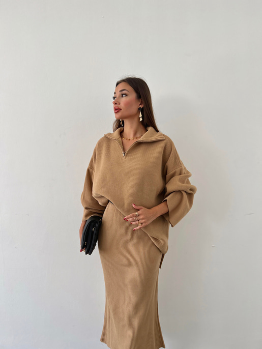 Yarın Fermuarlı Uzun Kol Oversize Kazak Yüksek Bel Etek Olane Kadın Camel Triko Takım 24k000037