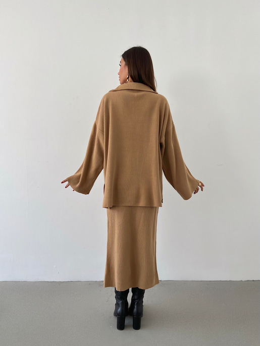 Yarın Fermuarlı Uzun Kol Oversize Kazak Yüksek Bel Etek Olane Kadın Camel Triko Takım 24k000037