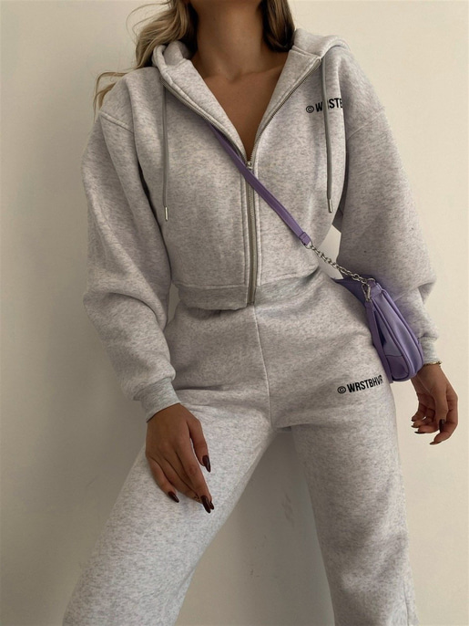 Yazılı Fermuarlı Sweat ve Alt Wrstbhvr Kadın Gri Eşofman Takım 22K000259
