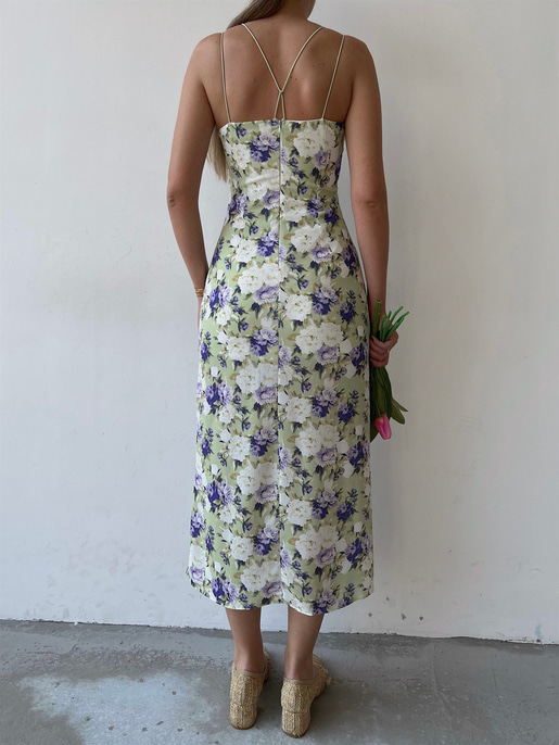 Yırtmaçlı İnce Lastik Askılı Çiçekli Nidus Kadın Yeşil Elbise 22Y000329