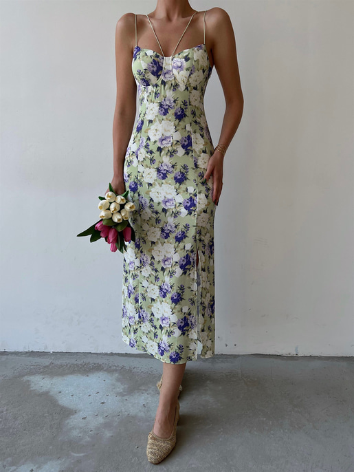 Yırtmaçlı İnce Lastik Askılı Çiçekli Nidus Kadın Yeşil Elbise 22Y000329