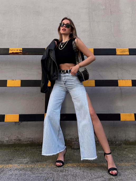 Yüksek Bel Paçası Yandan Derin Yırtmaçlı Jamir Kadın Mavi Jean 22Y000231