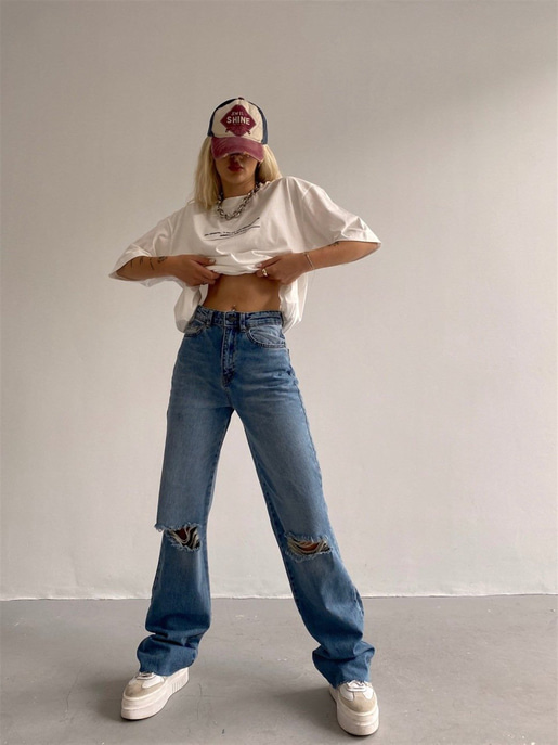 Yüksek Bel Paçası Yırtık Kadın Mavi Palazzo Jeans 21Y000401