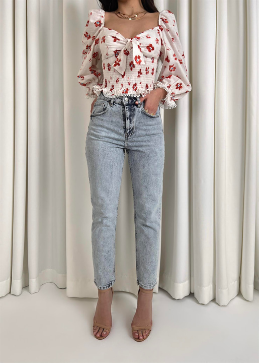 Yüksek Bel Yanları Cepli Nunez Kadın Buz Mavisi Mom Jean 23Y000039