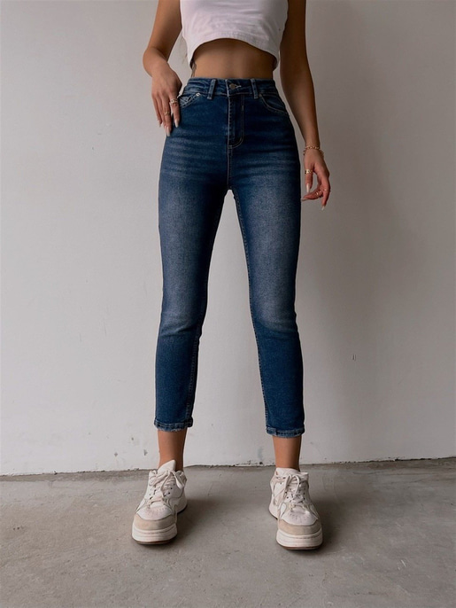 Yüksek Bel Yıkamalı Skinny Jenna Kadın Koyu Mavi Jean 22K000338