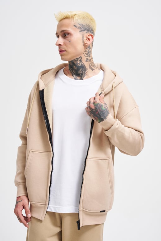 Erkek Basic Fermuarlı Cepli Kapüşonlu Oversize Bej Sweatshirt