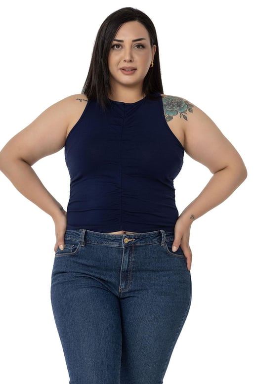 Büyük Beden Önü ve Yanları Drapeli Halter Yaka Lacivert Body