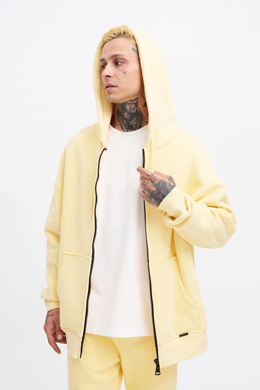 Erkek Basic Fermuarlı Cepli Kapüşonlu Oversize Sarı Sweatshirt