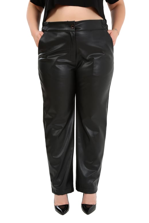 Plus Size Black Leather Trousers with Side Elastic Waist Pockets