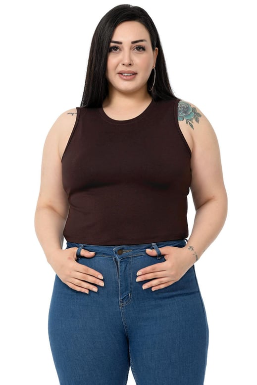 Büyük Beden Bisiklet Yaka Kolsuz Crop Viskon Kahverengi Body