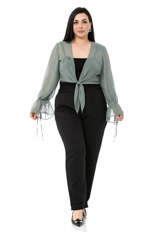 Plus Size Sleeve Detailed Tie-Front Chiffon Water Green Bolero
