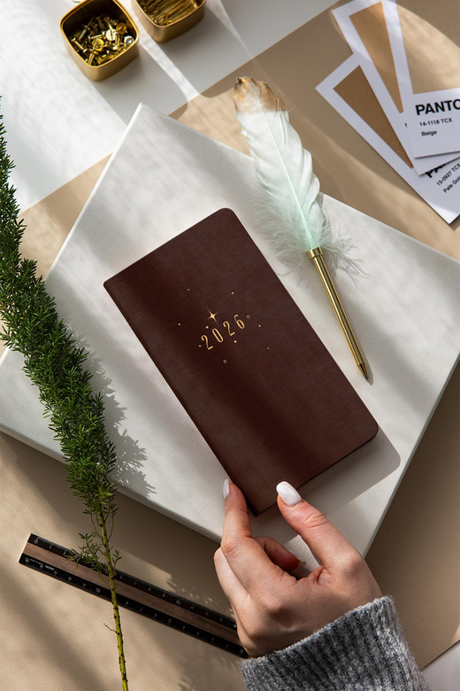 2026 Haftalık Keten Cep Ajandası 12 Aylık - Kahverengi