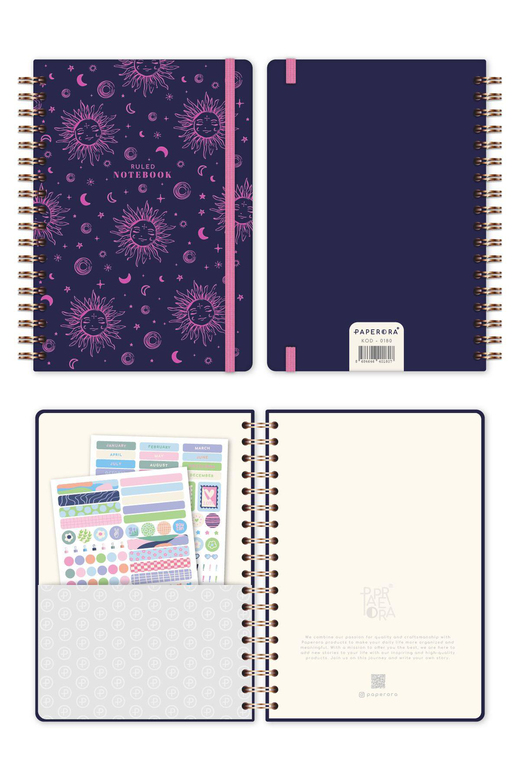 17x24 Spiralli Lastikli Sert Kapak Çizgili Not Defteri Mor Galaksi