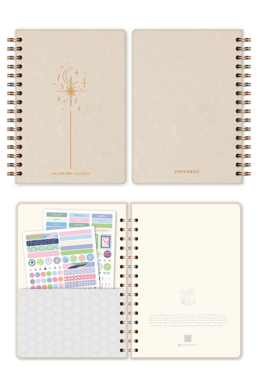 2025-2026 A5 Spiralli Renkli Akademik Ajanda Kir ve Suya Dayanıklı Sert Kapak - Bej