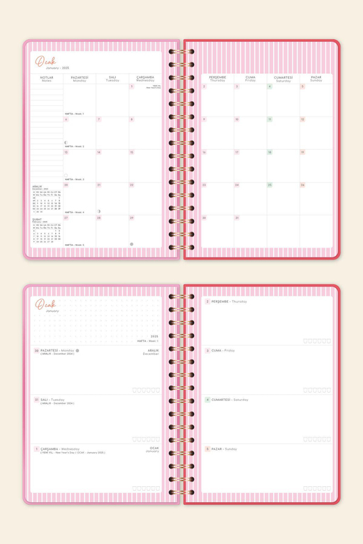 2025 A5 Spiralli Renkli Haftalık Ajanda 12 Aylık – Motivasyon Sayfalı Aura