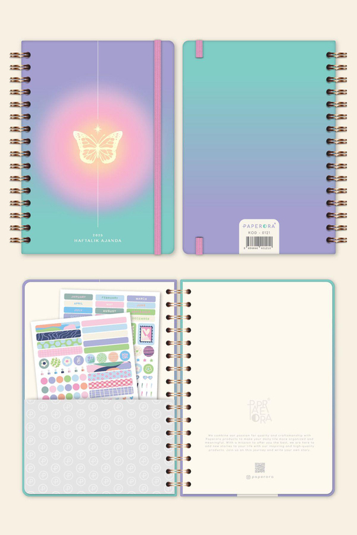 2025 A5 Spiralli Renkli Haftalık Ajanda 12 Aylık – Motivasyon Sayfalı Kelebek
