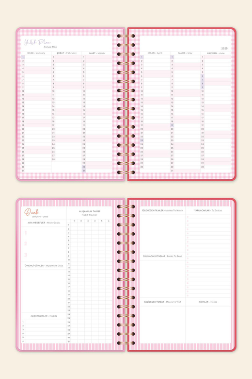 2025 A5 Spiralli Renkli Haftalık Ajanda 12 Aylık – Motivasyon Sayfalı Aura