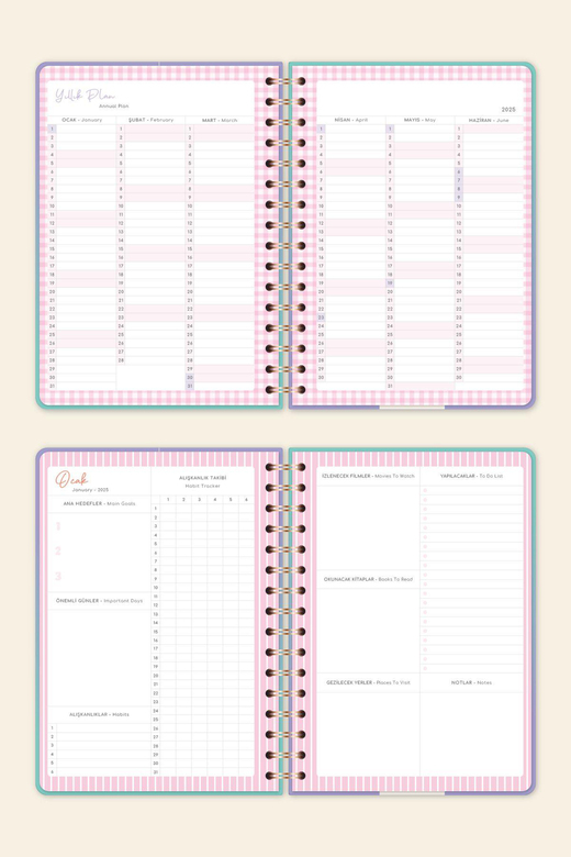 2025 A5 Spiralli Renkli Haftalık Ajanda 12 Aylık – Motivasyon Sayfalı Kelebek