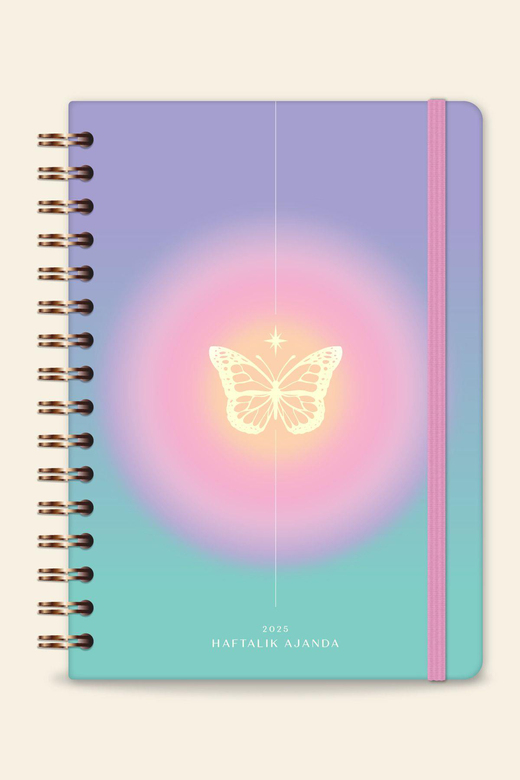 2025 A5 Spiralli Renkli Haftalık Ajanda 12 Aylık – Motivasyon Sayfalı Kelebek