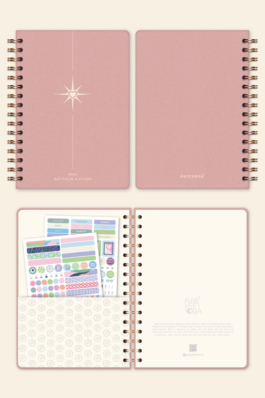 2025 Spiralli A5 Haftalık Ajanda – Kir ve Suya Dayanıklı Sert Kapak - Pembe