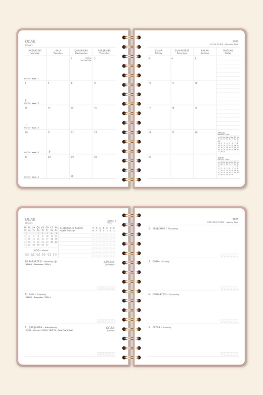 2025 Spiralli A5 Haftalık Ajanda – Kir ve Suya Dayanıklı Sert Kapak - Pembe