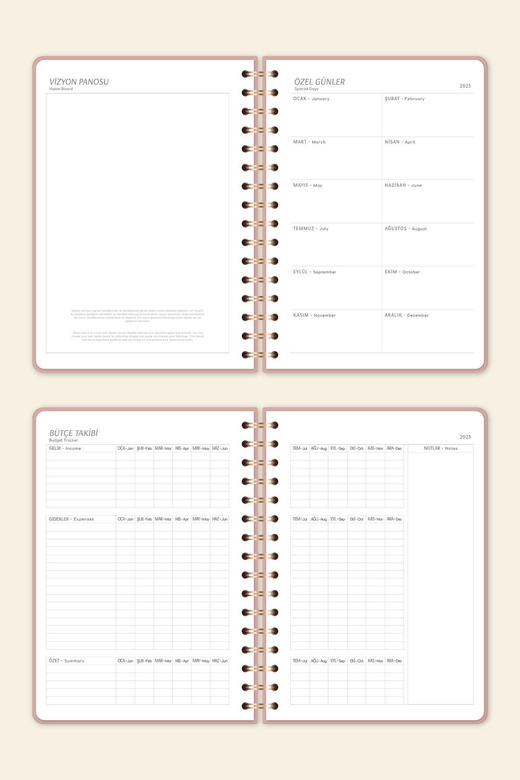 2025 Spiralli A5 Haftalık Ajanda – Kir ve Suya Dayanıklı Sert Kapak - Pembe