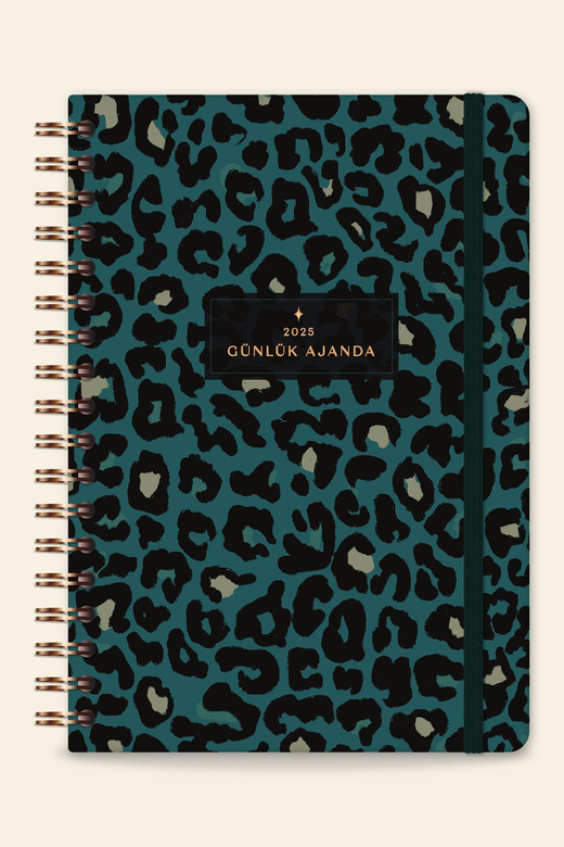 2025 Spiralli Günlük Ajanda 12 Aylık – 17x24 cm Yeşil Leopar