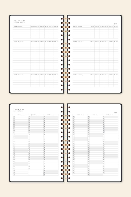 2025 Spiralli Günlük Ajanda 12 Aylık – 17x24 cm Bulutlu Siyah