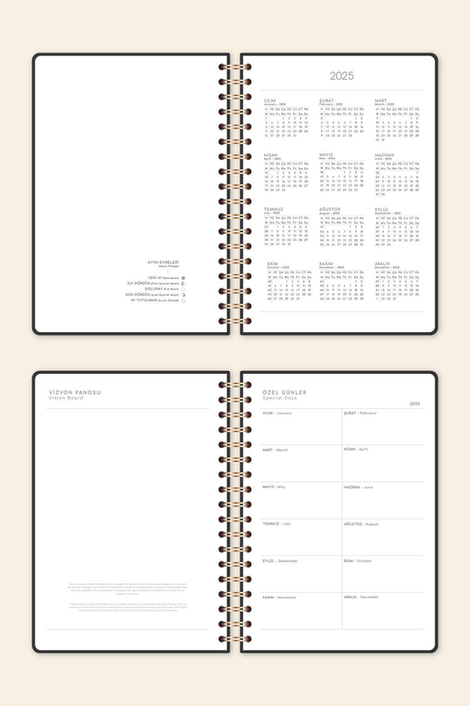 2025 Spiralli Günlük Ajanda 12 Aylık – 17x24 cm Bulutlu Siyah