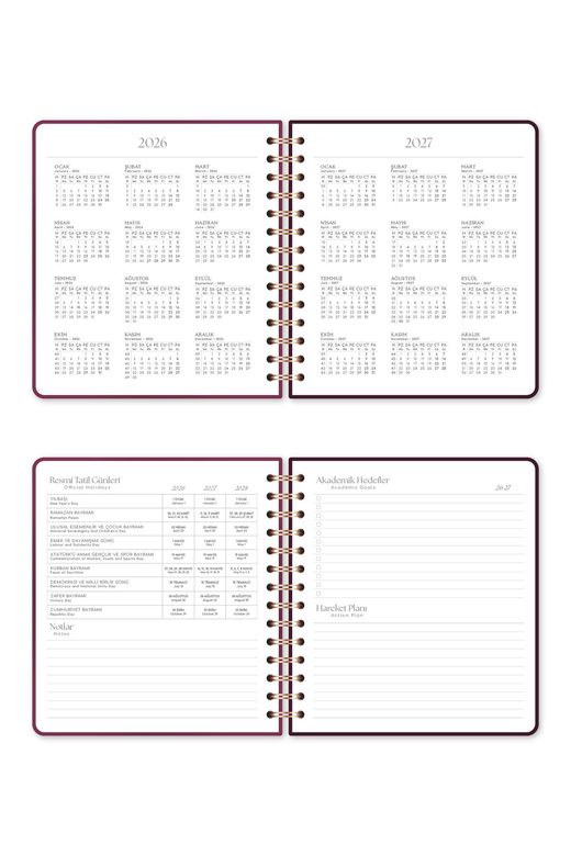 2026-2027 18x20 Spiralli Kare Haftalık Akademik Ajanda - Bordo